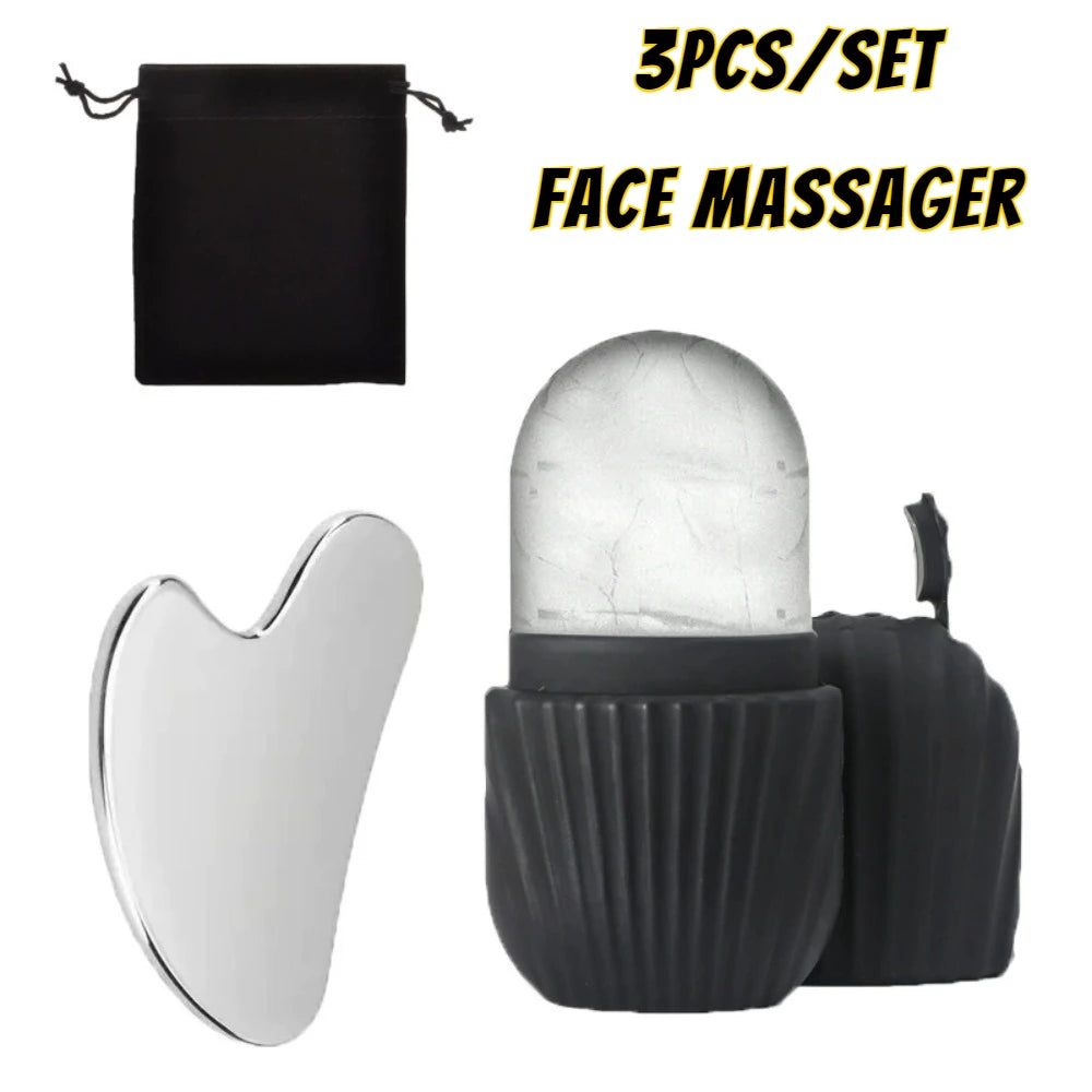 Stainless Steel Ice Face Roller & Gua Sha Set — Facial Sculpting & Depuffing Tool