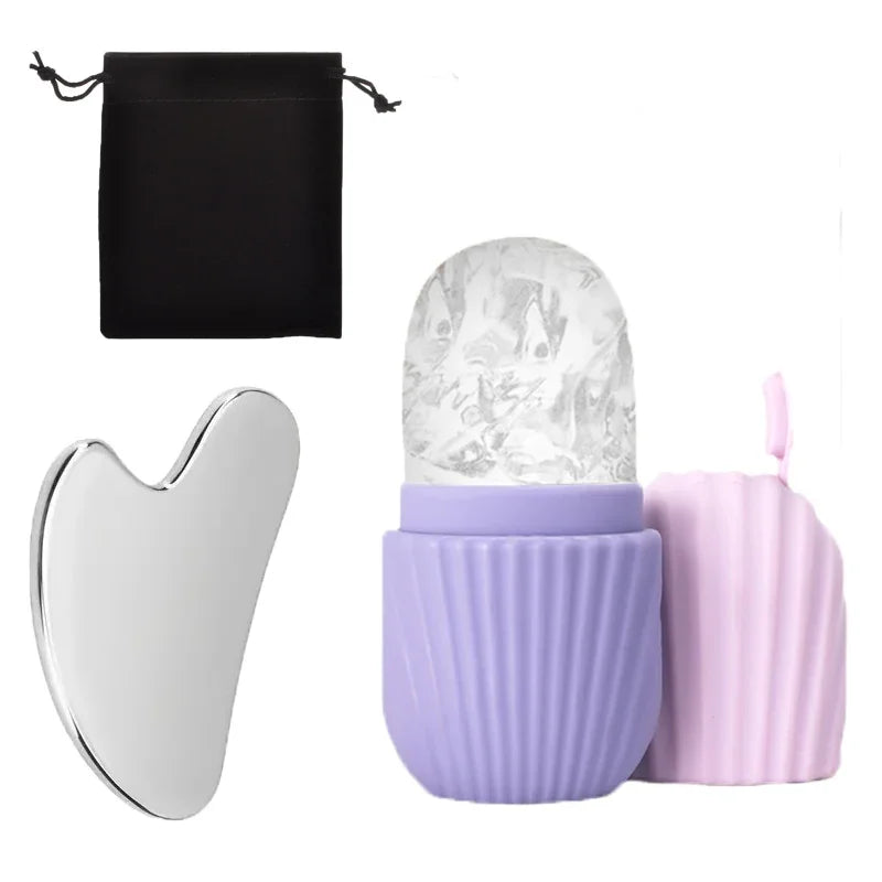 Stainless Steel Ice Face Roller & Gua Sha Set — Facial Sculpting & Depuffing Tool