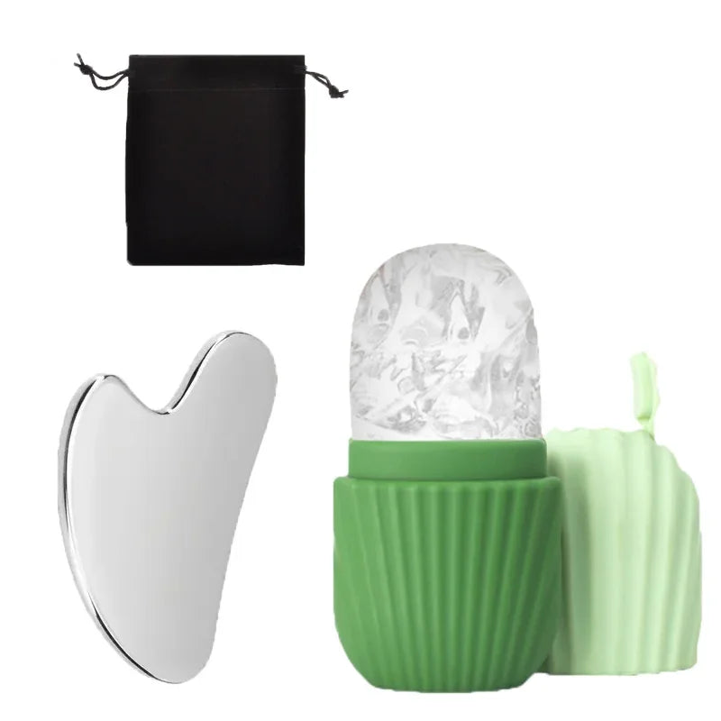 Stainless Steel Ice Face Roller & Gua Sha Set — Facial Sculpting & Depuffing Tool