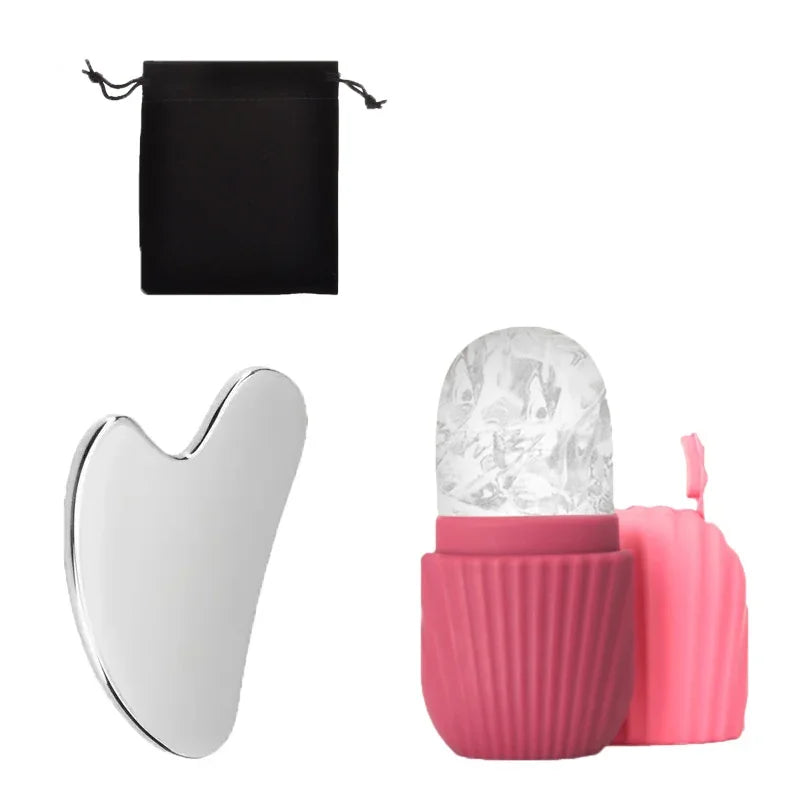 Stainless Steel Ice Face Roller & Gua Sha Set — Facial Sculpting & Depuffing Tool