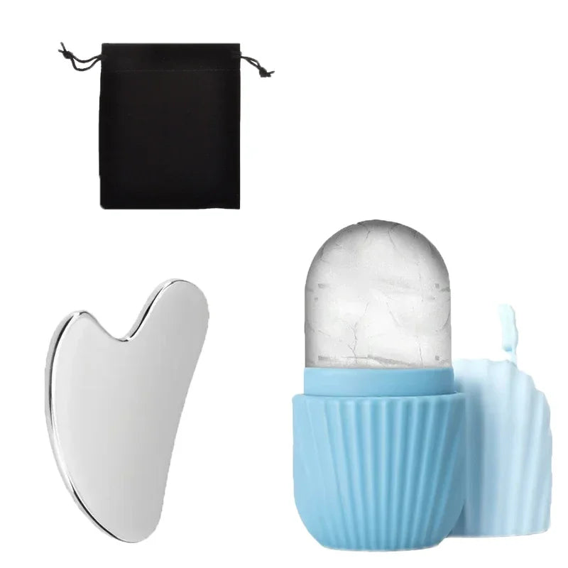 Stainless Steel Ice Face Roller & Gua Sha Set — Facial Sculpting & Depuffing Tool